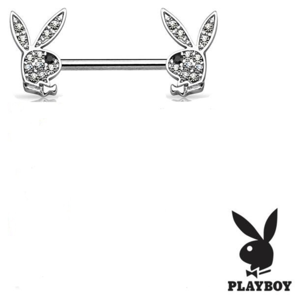 Silver Crystal Paved Playboy Bunny Nipple Ring Set